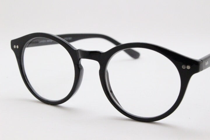 90s vintage small round glasses. 30s, 20s style black optical frames. Prescription eyeglasses with clear lens. RX spectacles