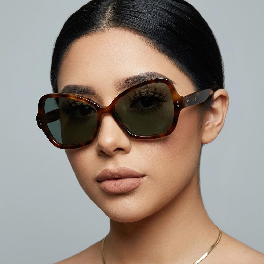 Celine Paris vintage angular cat eye sunglasses made in Italy. Tortoise butterfly frame in good proportions with green lenses. Womens Y2K