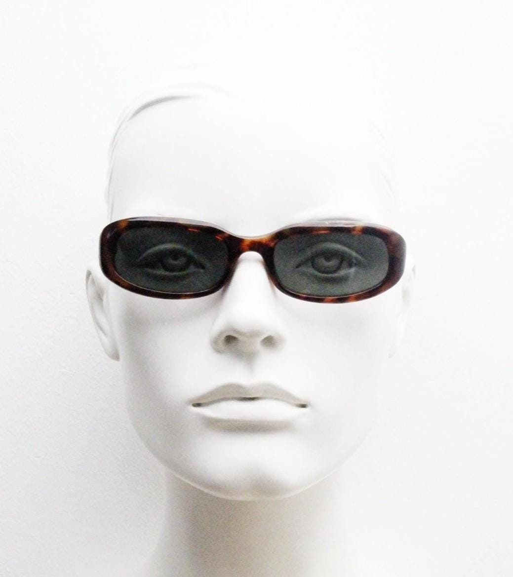 90s vintage chunky rectangular sunglasses. Minimal simple design low profile dark tortoise frame with green lenses. BNWT Unused NOS