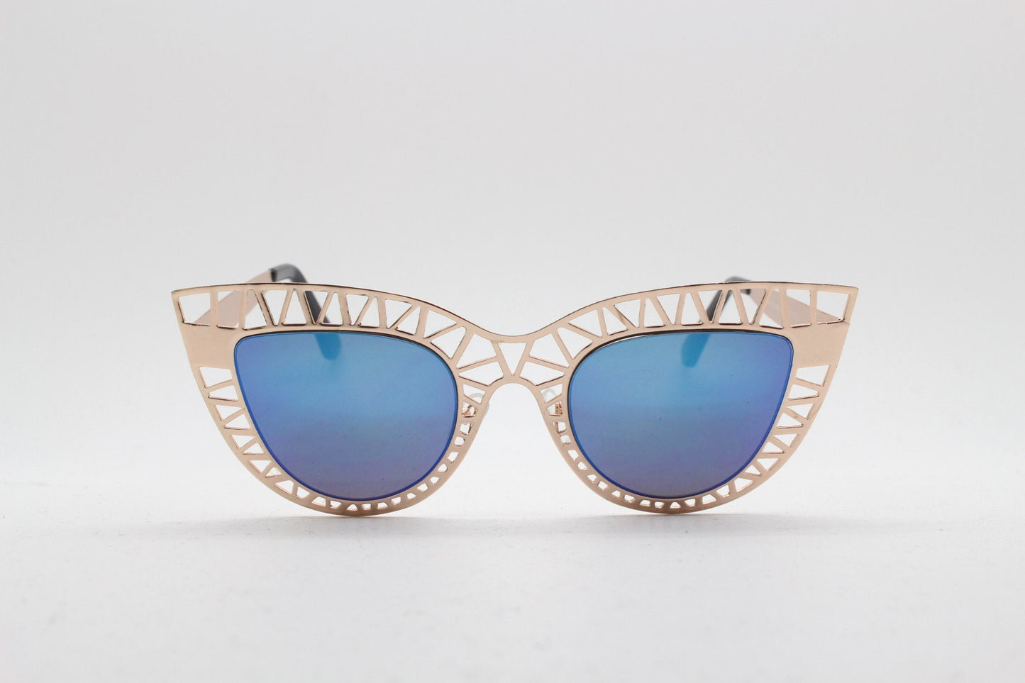 Y2K vintage metal cat eye sunglasses. Women's extraordinary gold cut out lattice scaffold cateye frame with blue mirror lenses. 2000s. BNWT