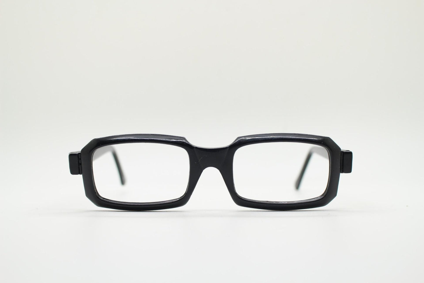 90s vintage black rectangular eye glasses. Thick framed low profile gloss acetate spectacles. Prescription optical eyeglasses. RX. NOS