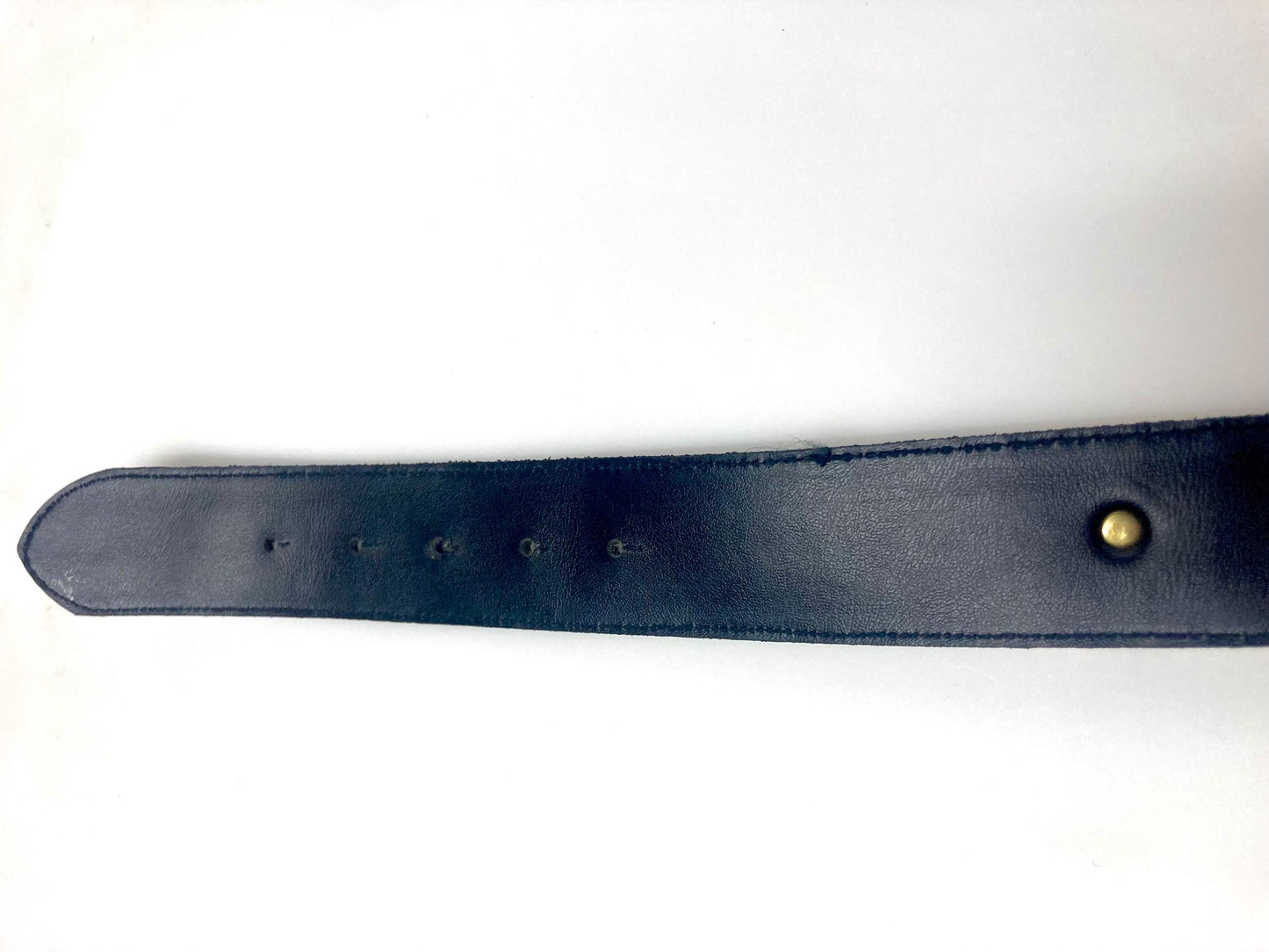 80s vintage womens dress belt in navy blue genuine leather with substantial gold chrome studded 'H' motifs. Made in France. Size S