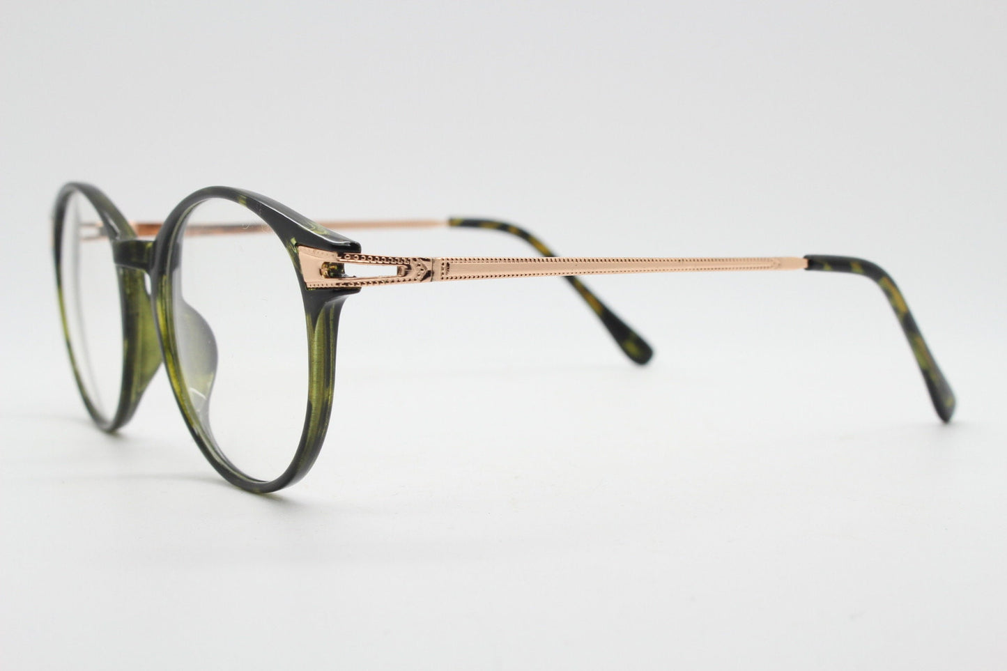 90s vintage round glasses with tortoise front and gold embossed arms. 40s, 50s style prescription optical frames. Clear lens eyeglasses. RX