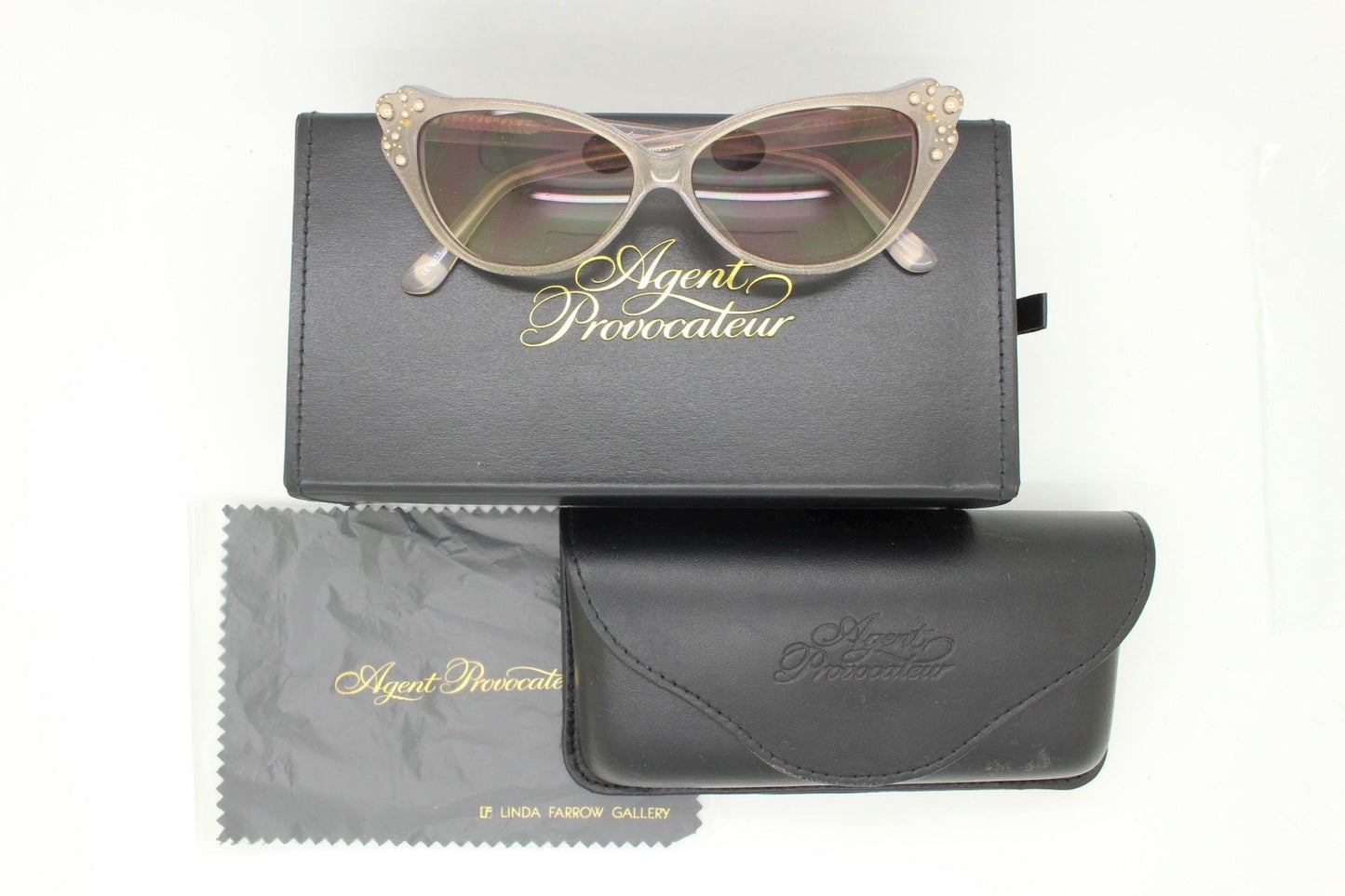 Agent Provocateur cateye sunglasses made in Japan by Linda Farrow. Womens beige glitter frame cat eye with gold studs. NOS vintage