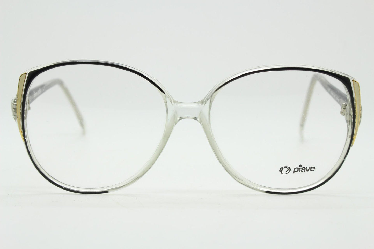 Piave 80s vintage oversized round cat eye glasses. Transparent clear optical frame with black and white overlay. Prescription NOS cateye