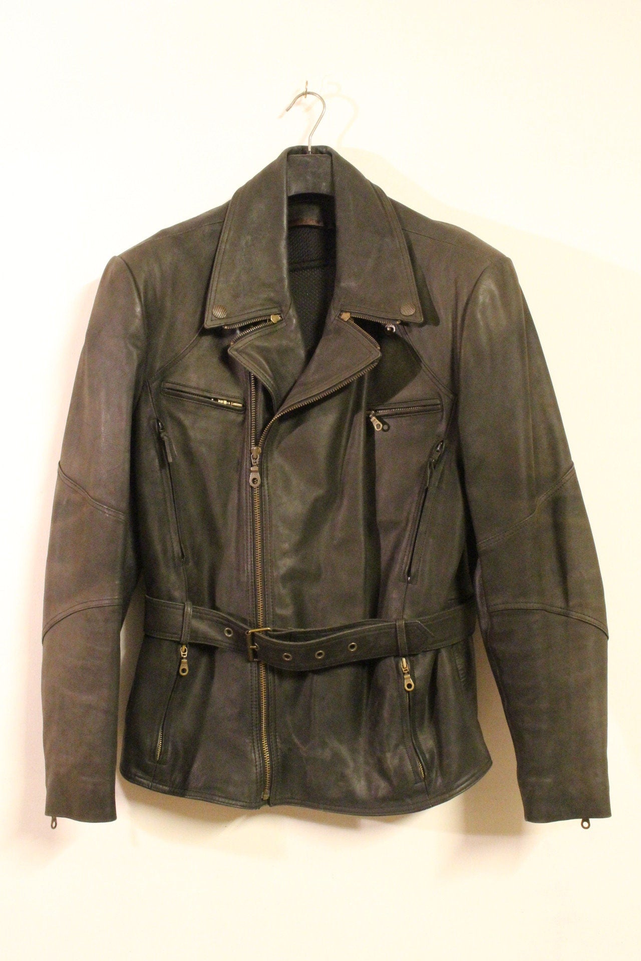 Vintage 80s motorcycle jacket. Gunmetal grey real leather biker. 40s design with back padding and vents. BNWOT