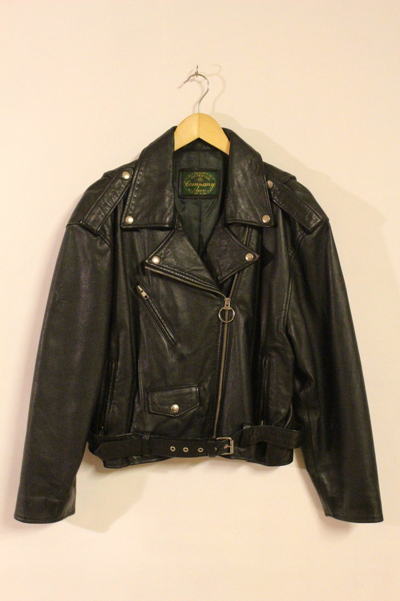 80s Vintage black motorcycle jacket with hand painted Frankenstein. Genuine leather biker with unique one off Boris Karloff design