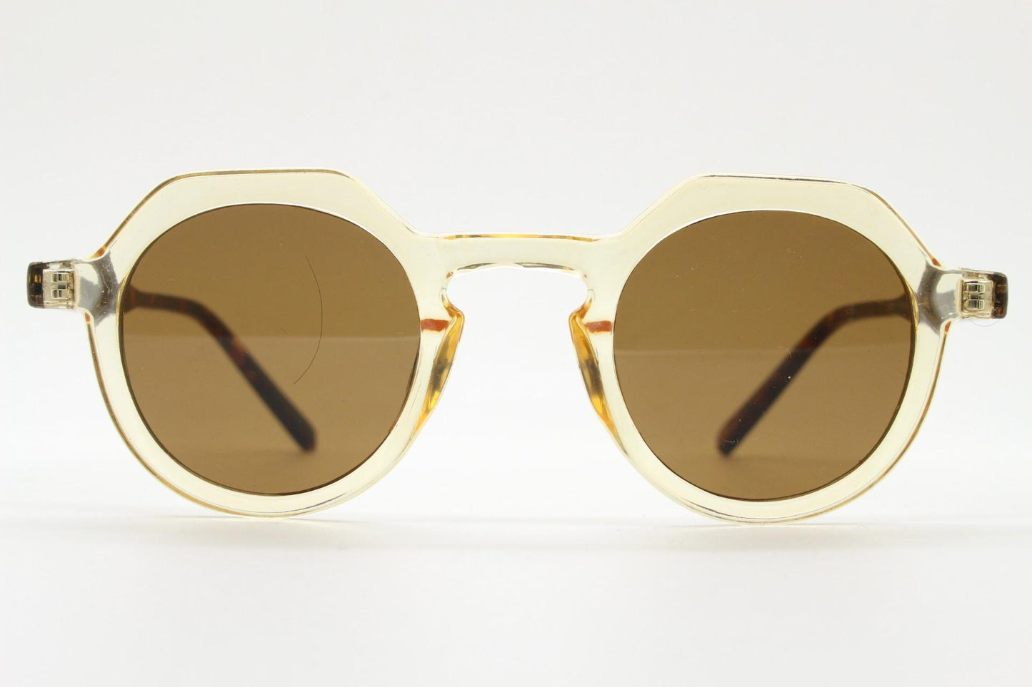 90s vintage round flat top sunglasses. 30s, 40s style frame in transparent yellow with contrasting tortoise arms. BNWT