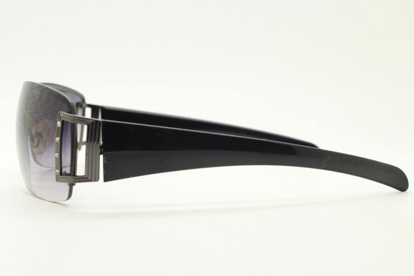 Y2K vintage rectangular wrap around sunglasses. Black half frame with grey metal trim, diamante detail and graduating lenses. Rhinestone