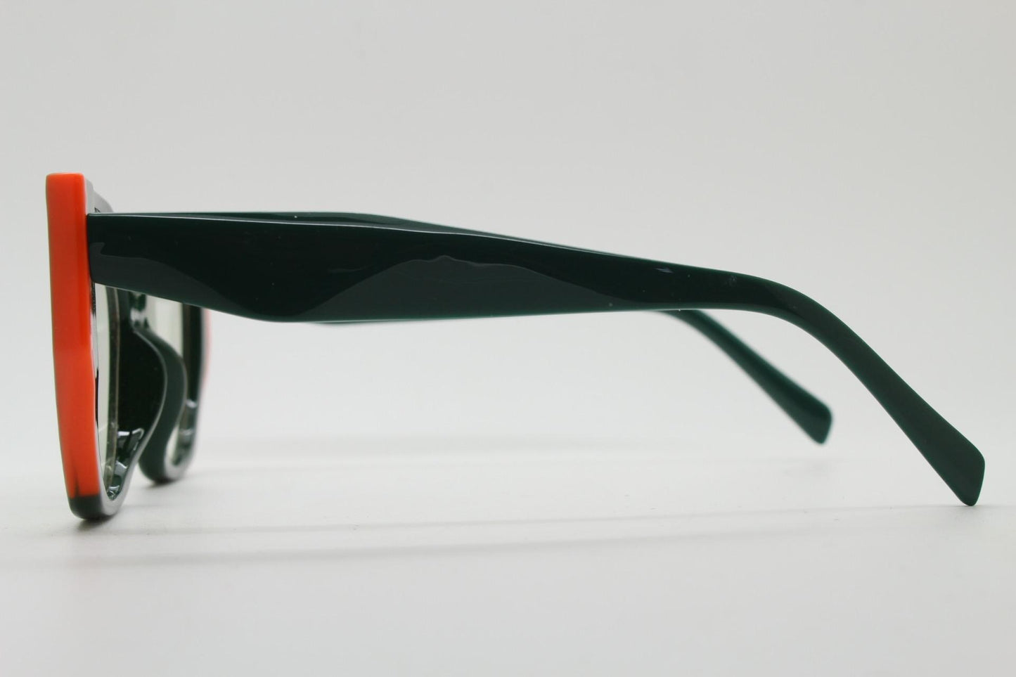 Sharp angled flat top  cat eye glasses. Refined green cateye optical frame with bright orange side sections. Prescription RX Spectacles