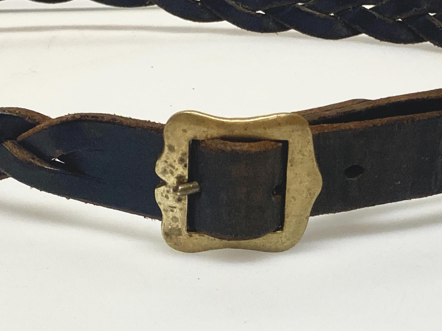 80s vintage thick black genuine leather plaited western 1" belt with changeable brass buckle. For jeans and trousers. Rawhide