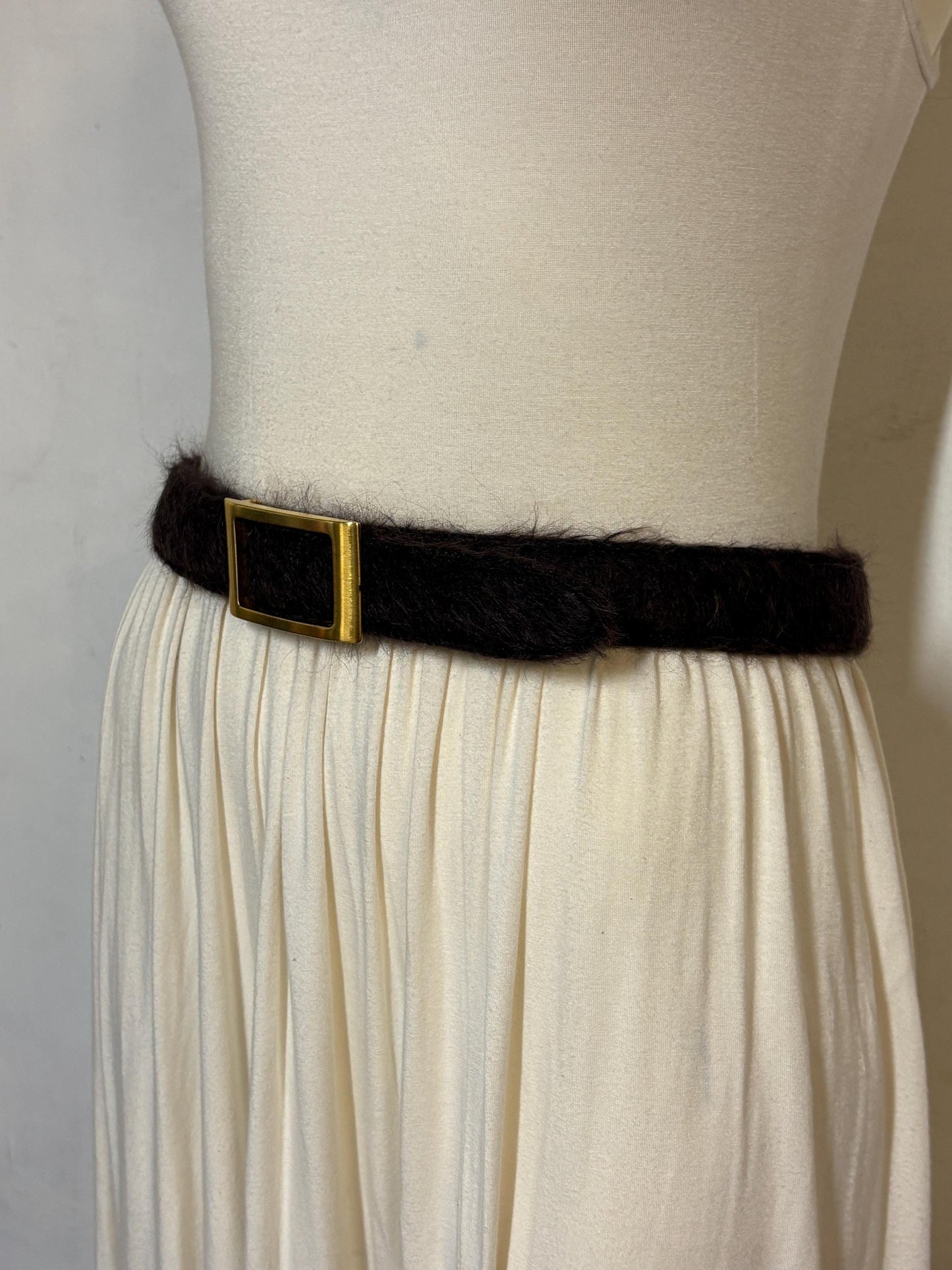 Y2k vintage womens feature belt by Njal of Milan. Luxury brown fuzzy mohair with gold buckle. To wear on a dress. 2000s NOS