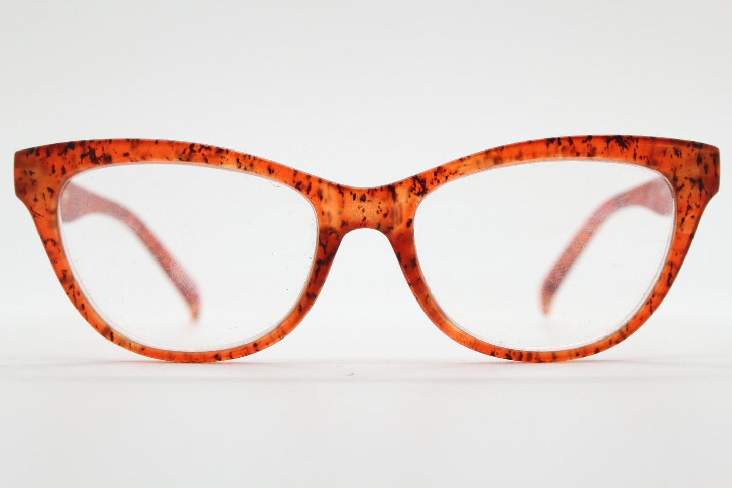 Y2K Vintage cat eye glasses. Transparent frosted cateye optical frames in speckled orange tiger pattern. Prescription. RX Spectacles