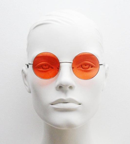 90s round vintage sunglasses. Silver chrome metal frame with intense red lenses. 1920's style. John Lennon. Steampunk teashades. BNWT