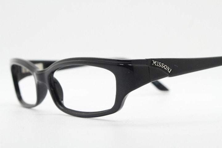 Missoni modified cat eye glasses. Rectangular low profile black acetate optical frames. Prescription eyeglasses. RX spectacles