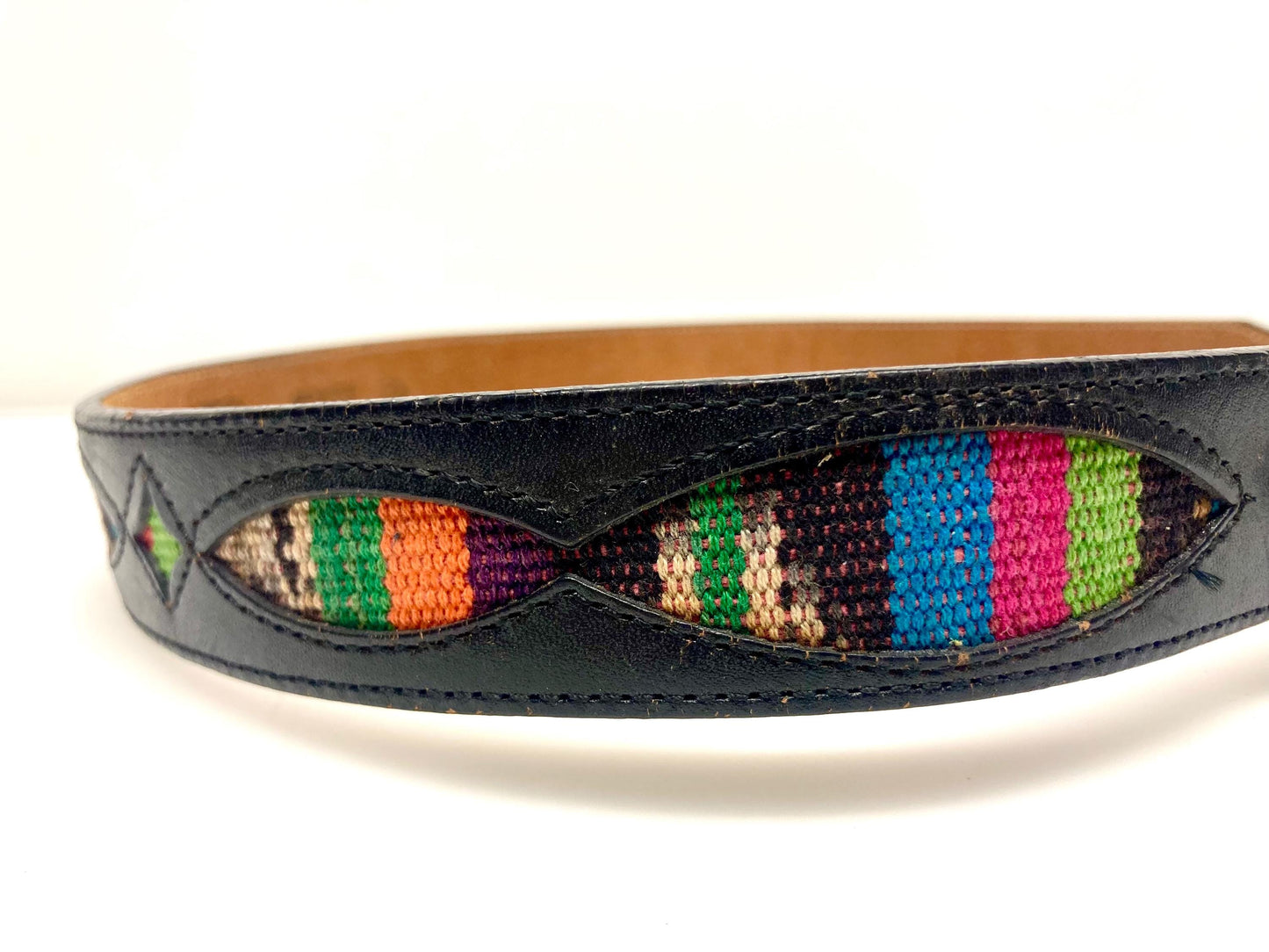 Leegin 80s vintage Silver Creek Collection Native American belt. Leather cutout overlay on tapestry backing. Changeable buckle. USA made NOS