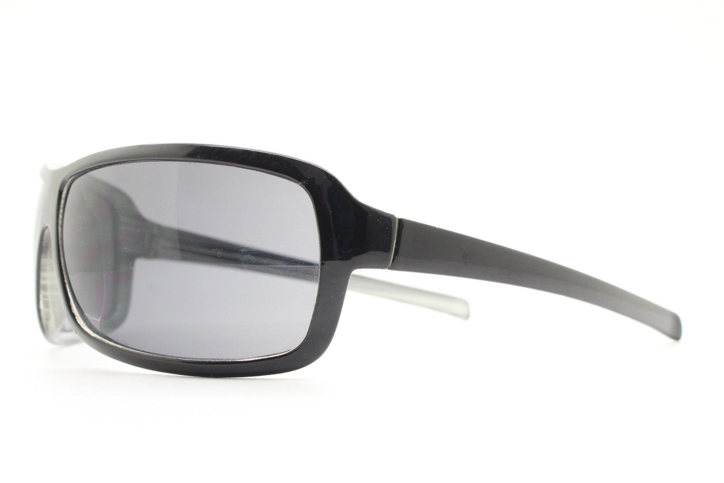 Y2k vintage wrap around large square sunglasses. Curved black shield frame with tasteful striped interior. 1960s bug eye design. 2000's NOS