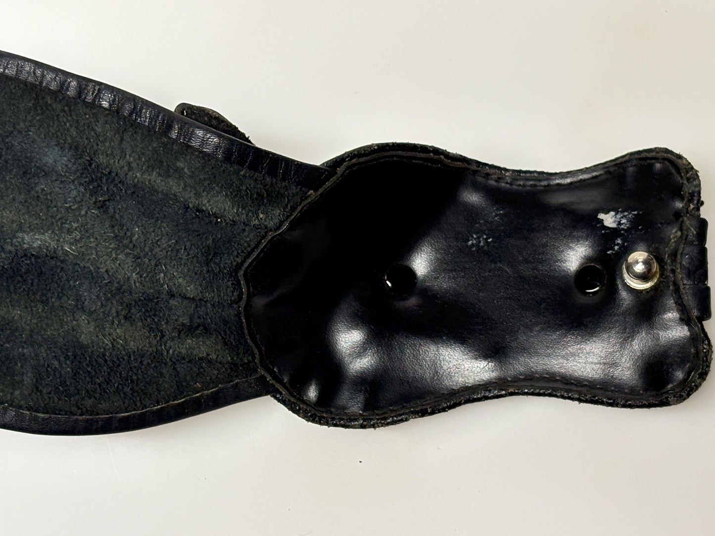 80s vintage womens black real leather dress belt with substantial dramatic big fly metal buckle. Womens sash. Statement feature belt