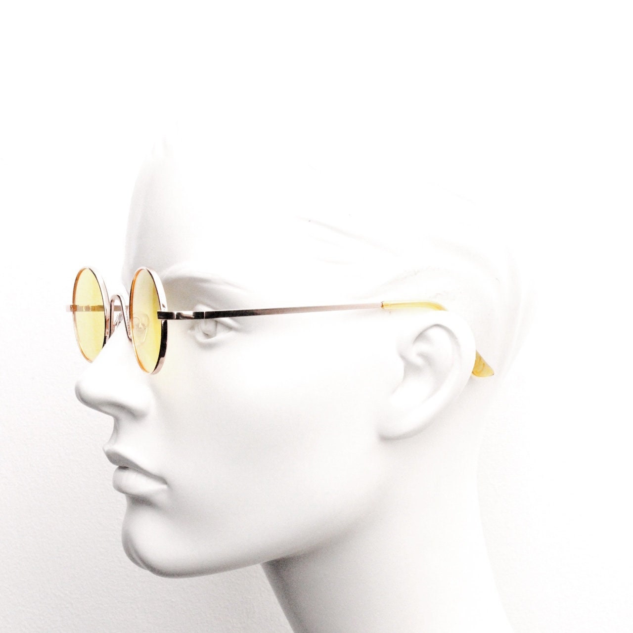 90s vintage small oval sunglasses. Imposing minimal gold victorian style frame with blazing canary yellow lenses. Steampunk. Unused BNWT