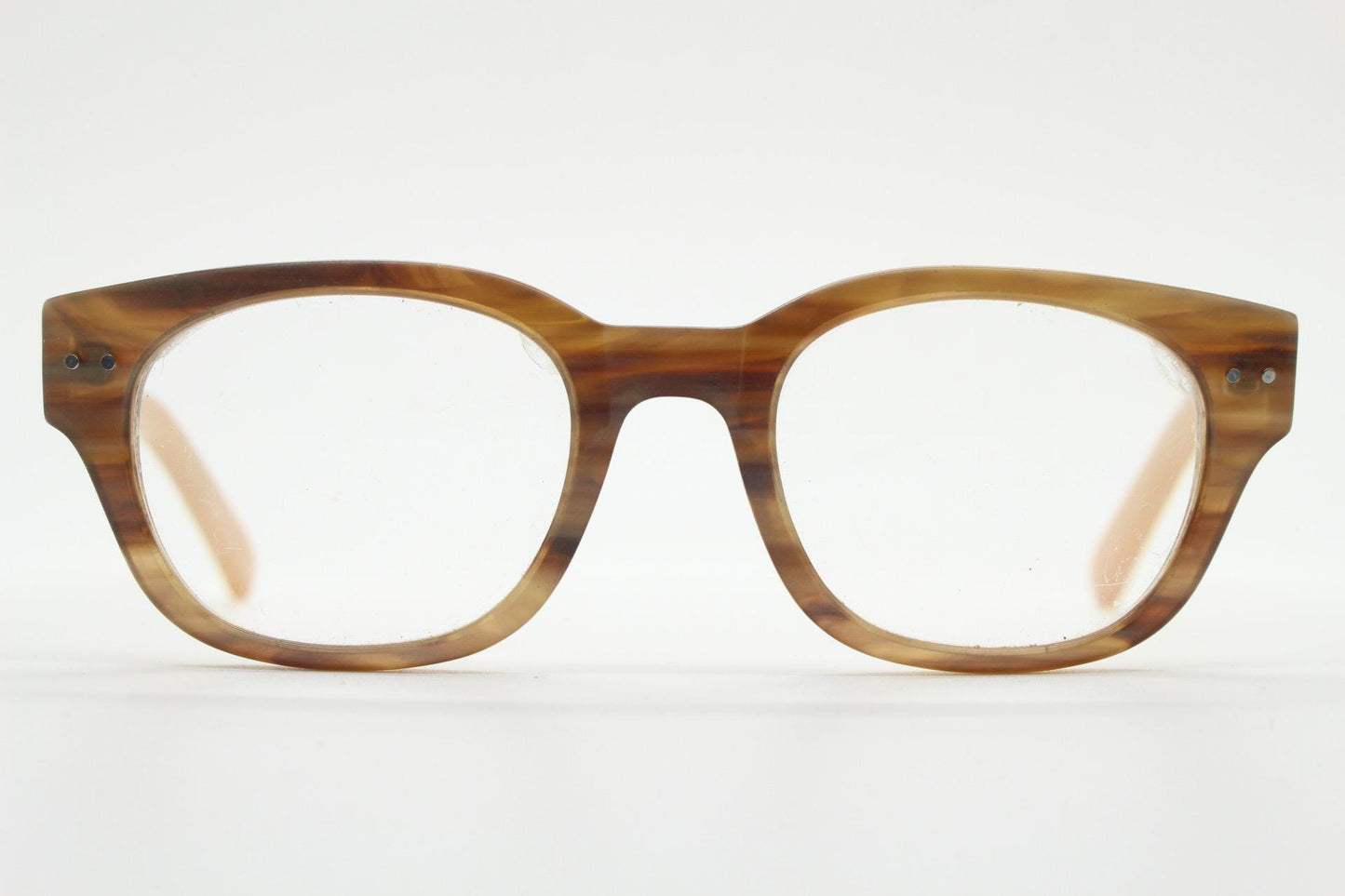 Thick frame rectangular eye glasses. Superior quality transparent brown gloss acetate optical frames with beige arms.  Prescription vintage