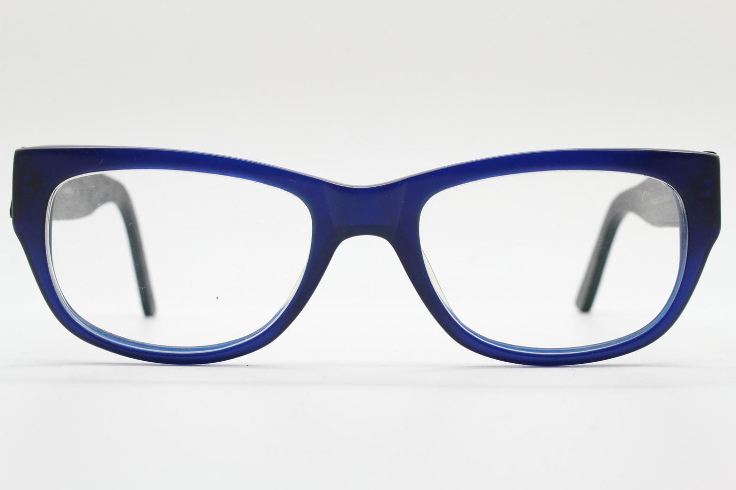 Chunky frame modified cat eye glasses. Superior quality optical eyeglasses. Deep blue front with wood look arms. Prescription RX Spectacles