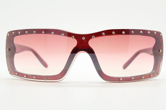 Y2K vintage shield sunglasses with diamante. Red wrap around mini mask style with curved mono lens. 2000s unused NOS. Visor