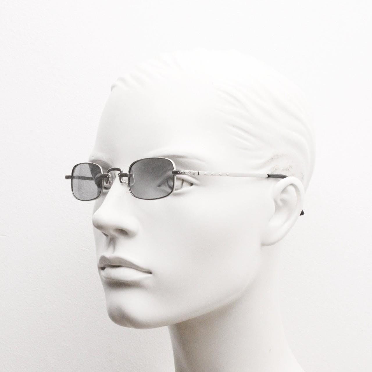 90s vintage small rectangular sunglasses. Imposing minimal silver victorian style frame with grey lenses. Steampunk. Unused NOS