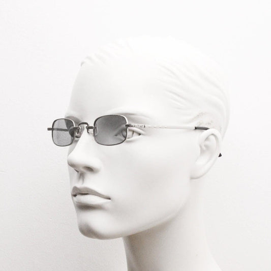 90s vintage small rectangular sunglasses. Imposing minimal silver victorian style frame with grey lenses. Steampunk. Unused NOS