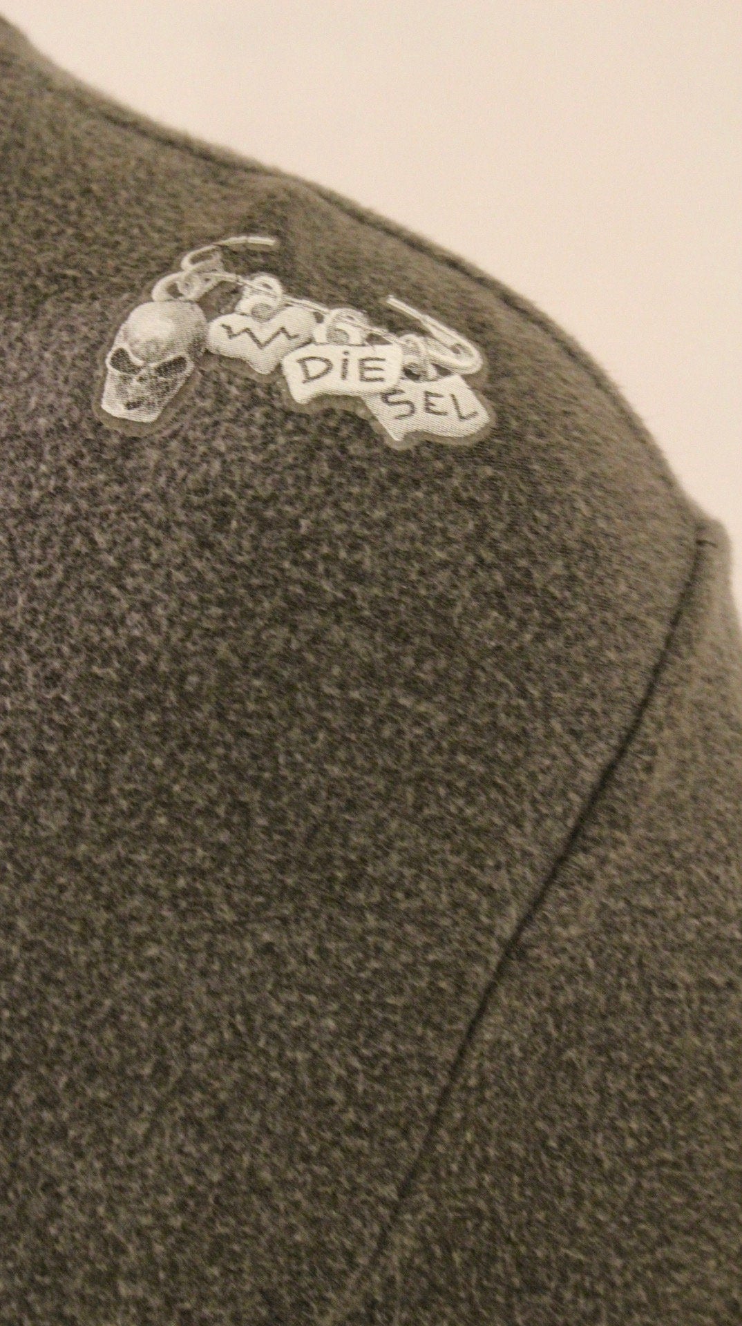 Vintage Y2K Diesel grey fitted fleecy scoop neck pullover with shoulder logo. Womens jumper, 2000s sweatshirt