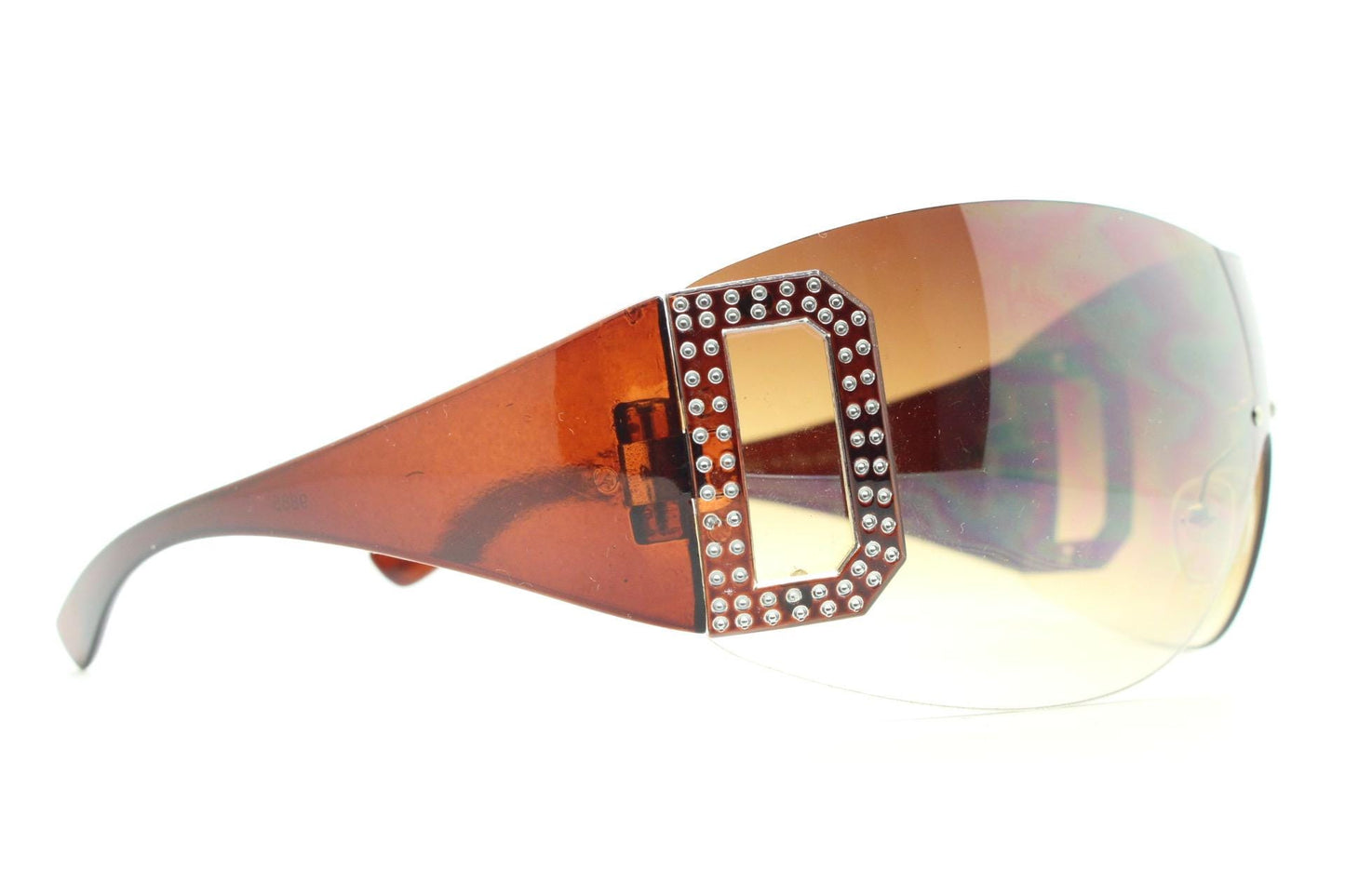 Y2K vintage visor sunglasses. 2000's brown wraparound mono lens shield design with big diamante effect crest. 00s uber fashion mini mask NOS