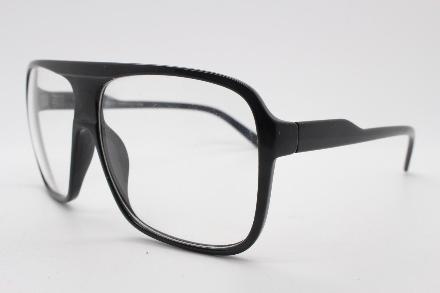 Y2K vintage square aviator glasses. 70s style black gloss optical frames. Mens aviators with clear lenses. Prescription eyeglasses. NOS