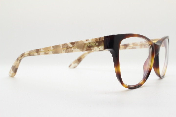 Max & Co cat eye glasses. Tortoise front acetate optical frame with crystal arms and brown camouflage. Womens vintage prescription RX