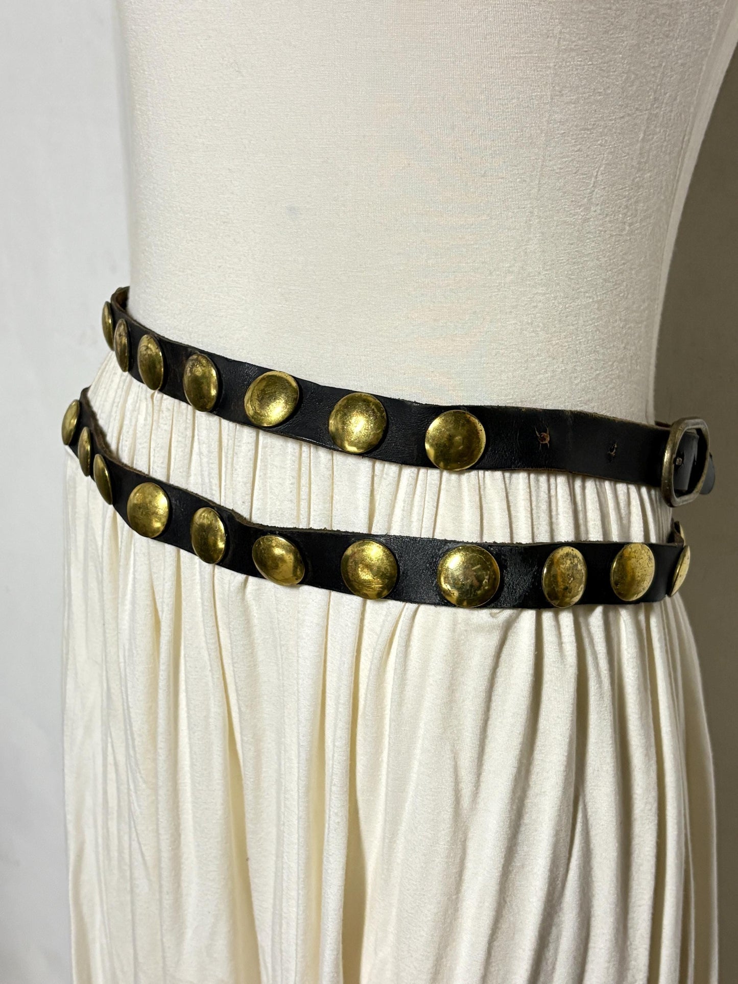 50s vintage double belt for a dress. Black genuine leather 1" height with big brass dome studs. Mexican Mariachi style cowgirl