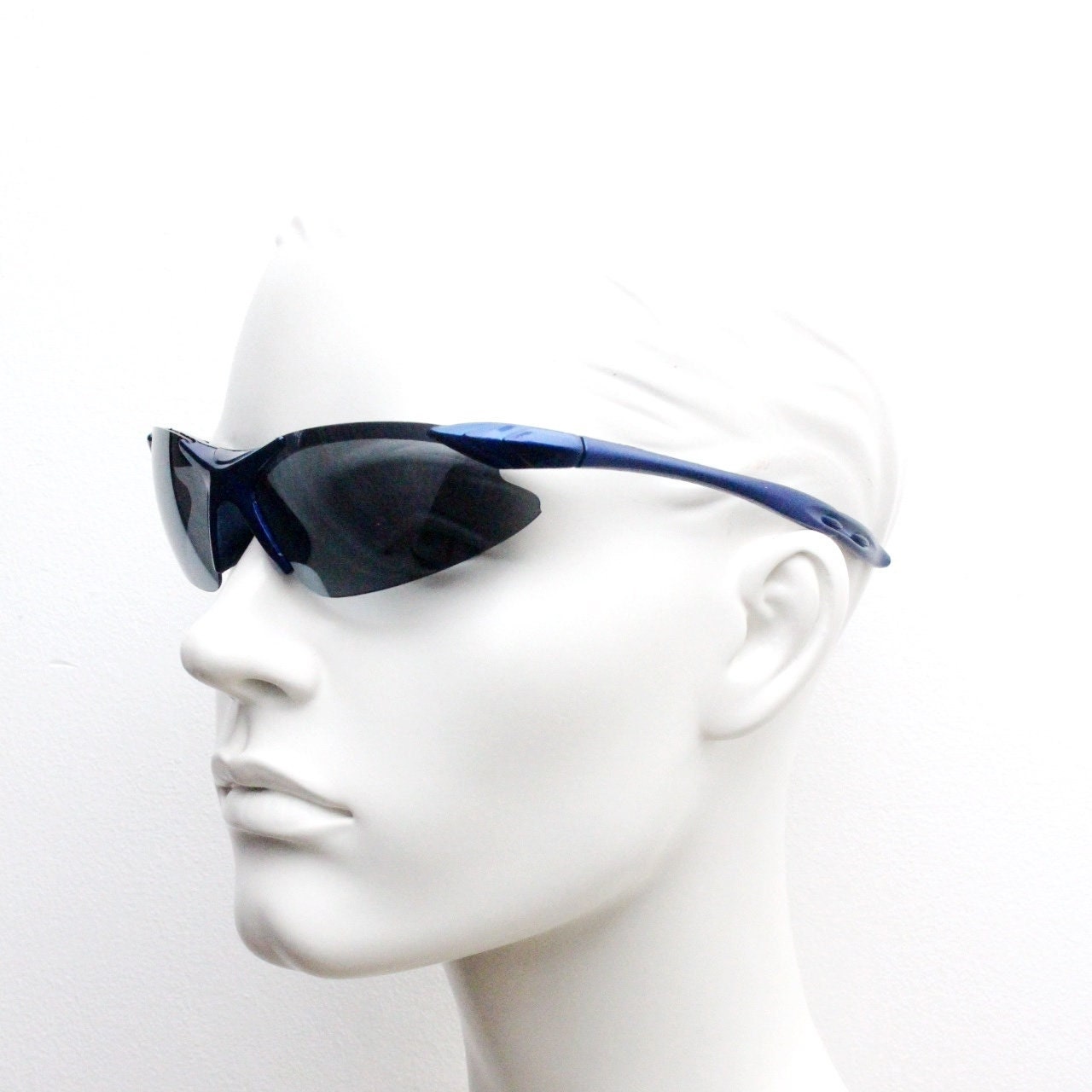 2000s vintage visor sunglasses. Blue half frame wrap around sports shield with pointed lenses. Mini mask. Cycling. Y2K. NOS