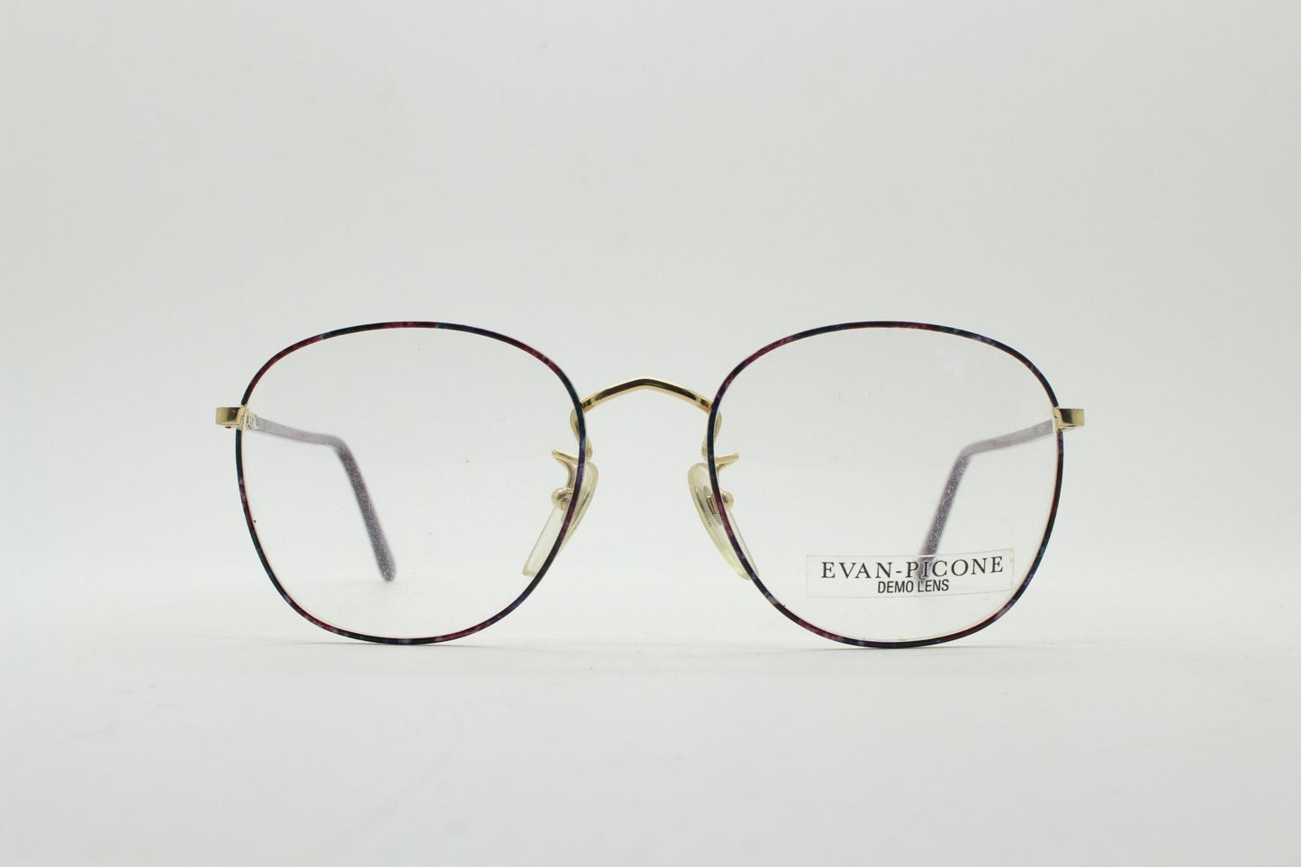 Evan Picone 80s vintage round panto metal eye glasses made in Italy. Minimal gold optical frame with red marbled pattern. Prescription. NOS