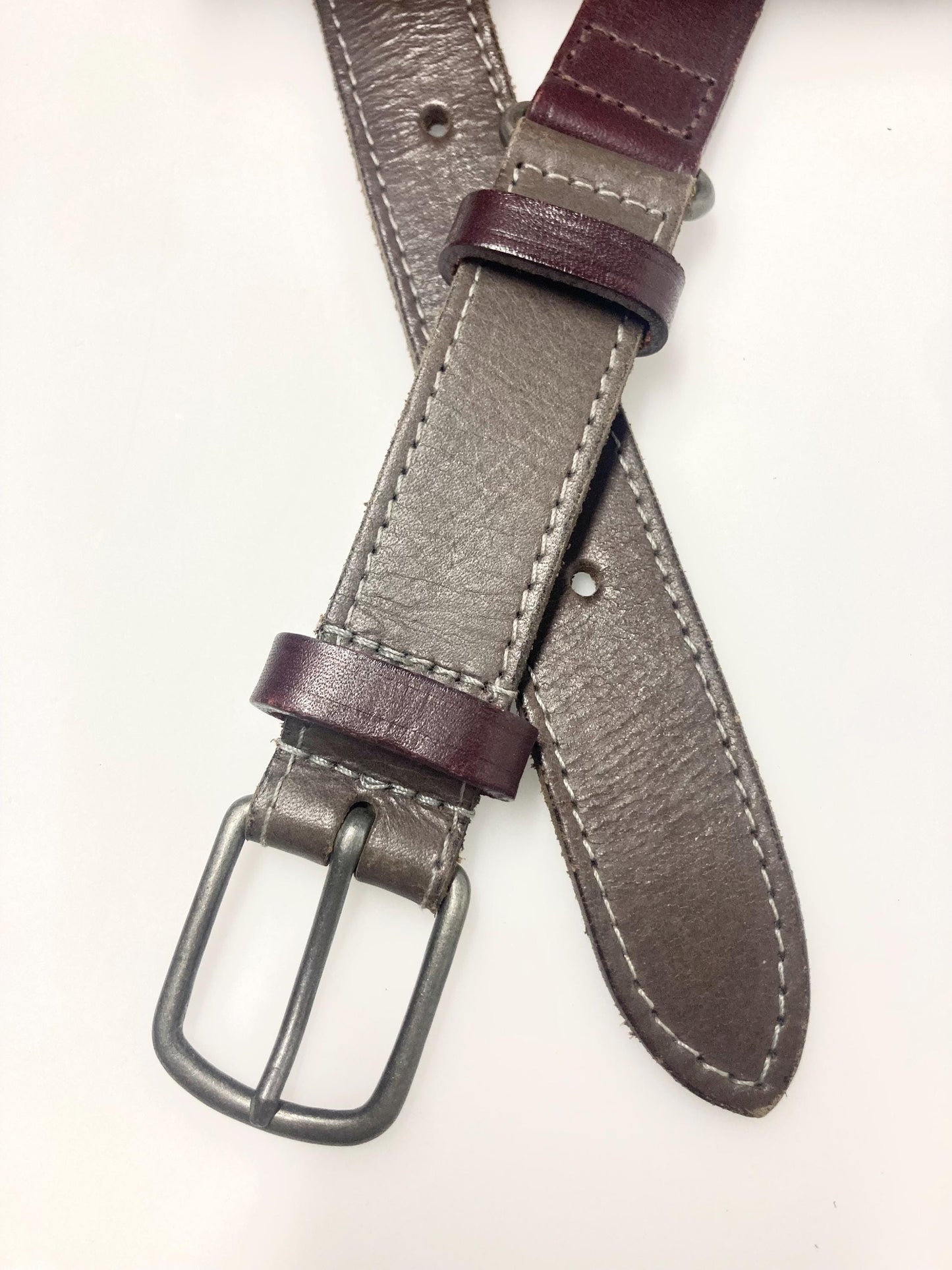 90s vintage 2 tone sectional genuine leather saddle hide belt in oxblood and khaki. For dress or trousers. Made in England by Alexon. NOS