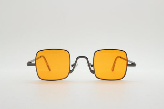 90s vintage small square sunglasses. Imposing minimal bronze brown metal Victorian style frame with blazing orange lenses. Steampunk. NOS