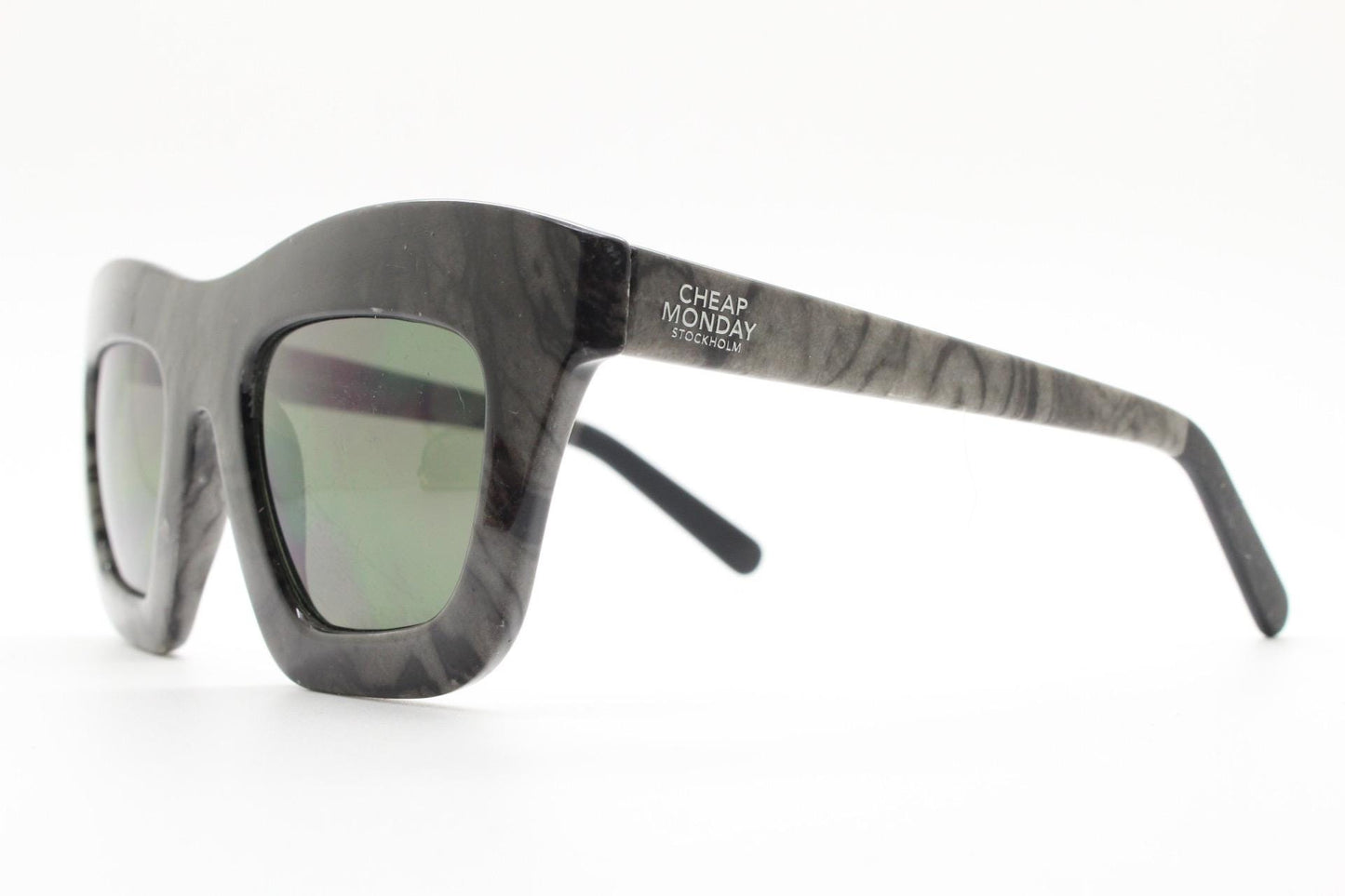 Cheap Monday thick frame cateye sunglasses. Womens chunky oversized grey and black marble cat eye with dark green lenses. Y2k vintage