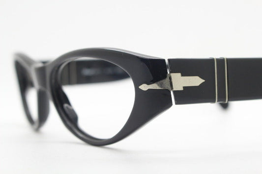 Persol cropped cat eye glasses. Plain Black gloss chunky acetate optical frame with big arms. Prescription eyeglasses. RX spectacles