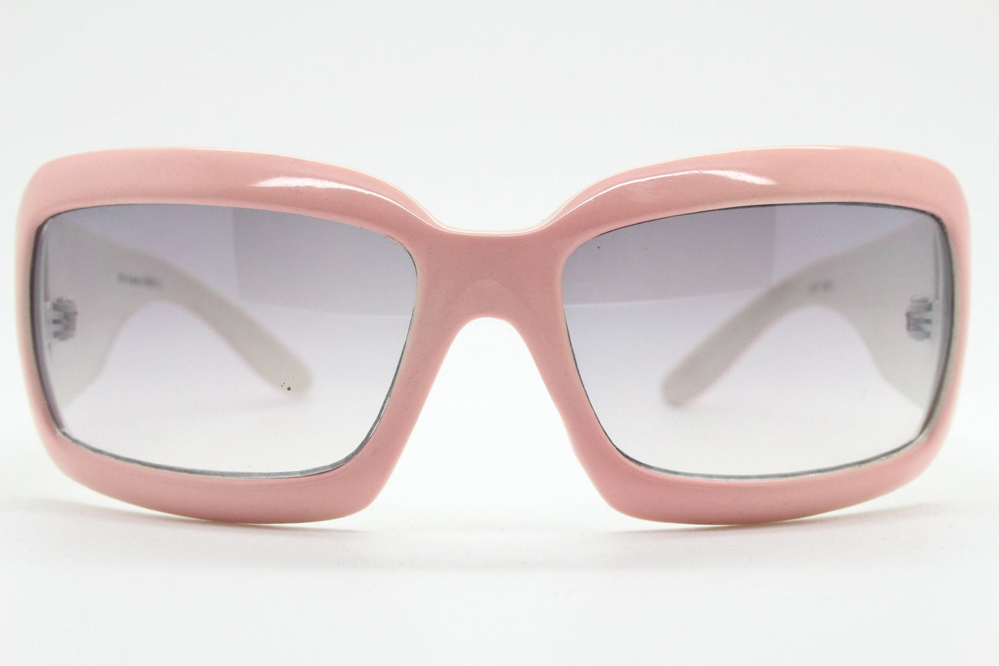 Y2k vintage rectangular wrap around bug eye sunglasses. Curving pink frame with big chain link logo. Rave shield fashion grail. 2000s NOS