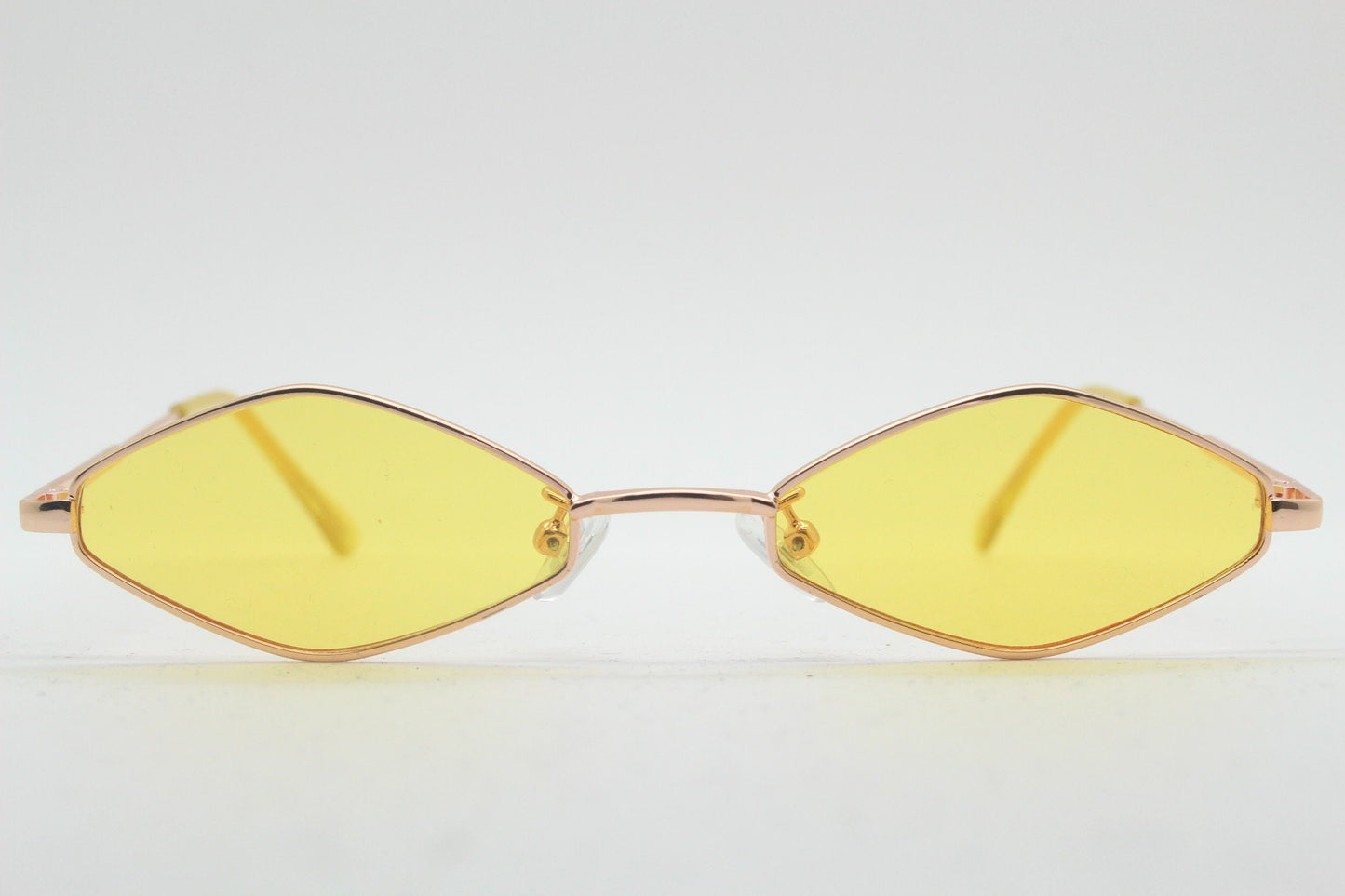 90s vintage small diamond sunglasses. Minimal gold psychedelic mod style frame with bright yellow lenses. Unused BNWT