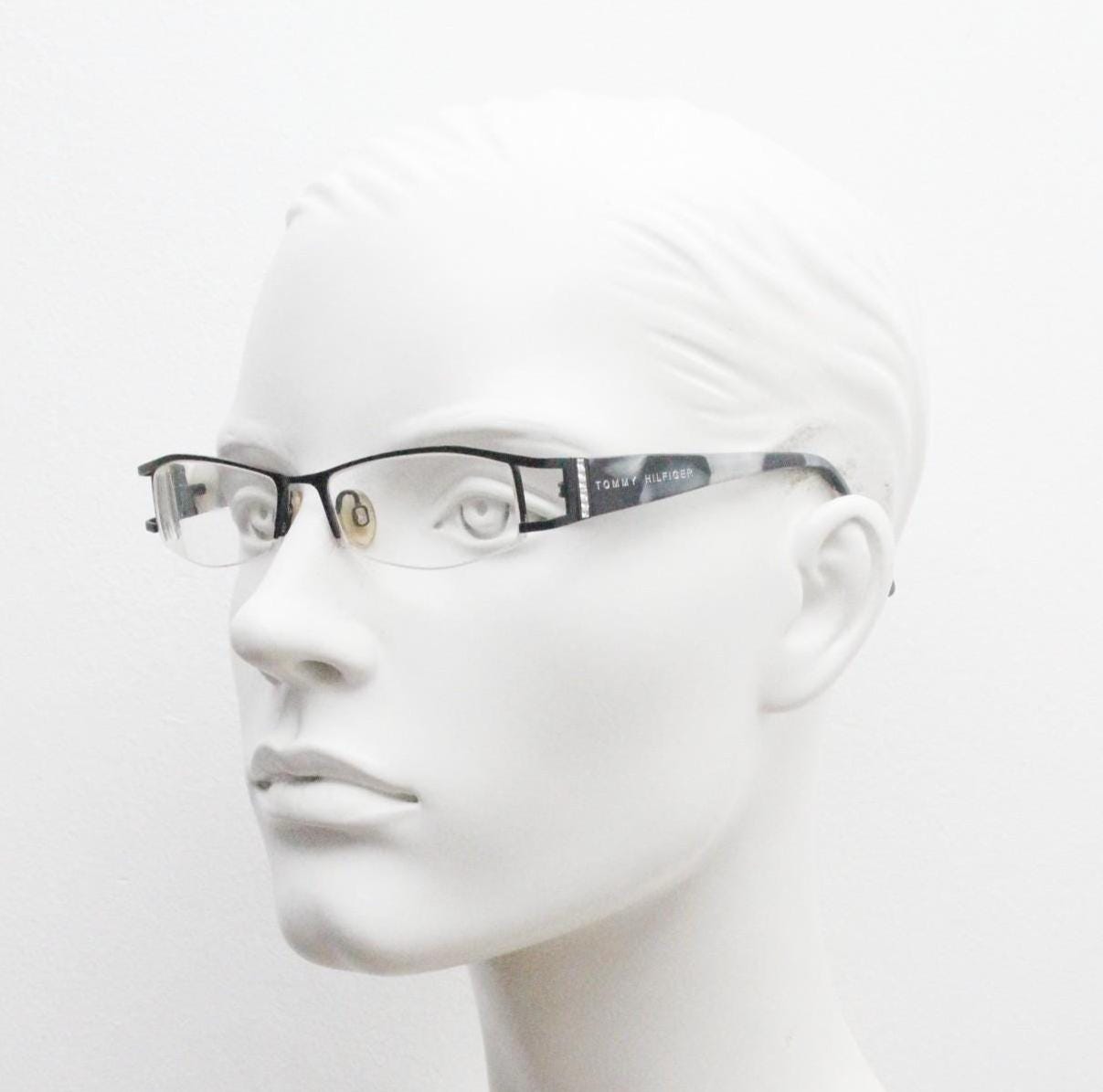 Tommy Hilfiger vintage eye glasses. Black and white marbled acetate optical frame with diamante. Prescription eyeglasses. RX spectacles. 90s