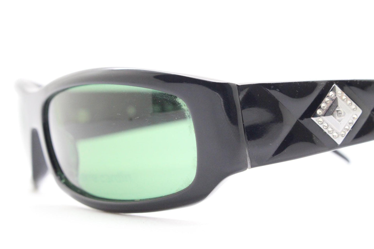 Pierre Cardin vintage 90s wrap around sunglasses made in Italy. Black acetate shield frame with quilted arms and diamante crest. NOS