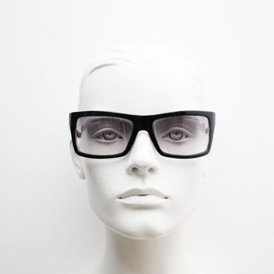 Y2k vintage wrap around large rectangular sunglasses. Curved black gloss frame with tasteful graduating lenses. 2000's NOS