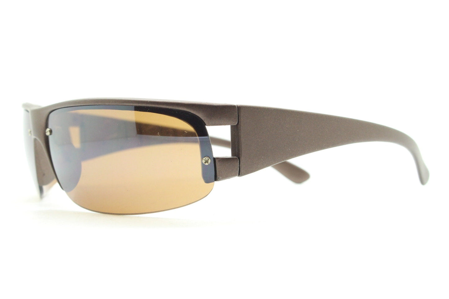 90s vintage visor sunglasses. Brown matt half frame wrap around sports shield with light tone lenses. Mini mask. 2000's. Y2K NOS