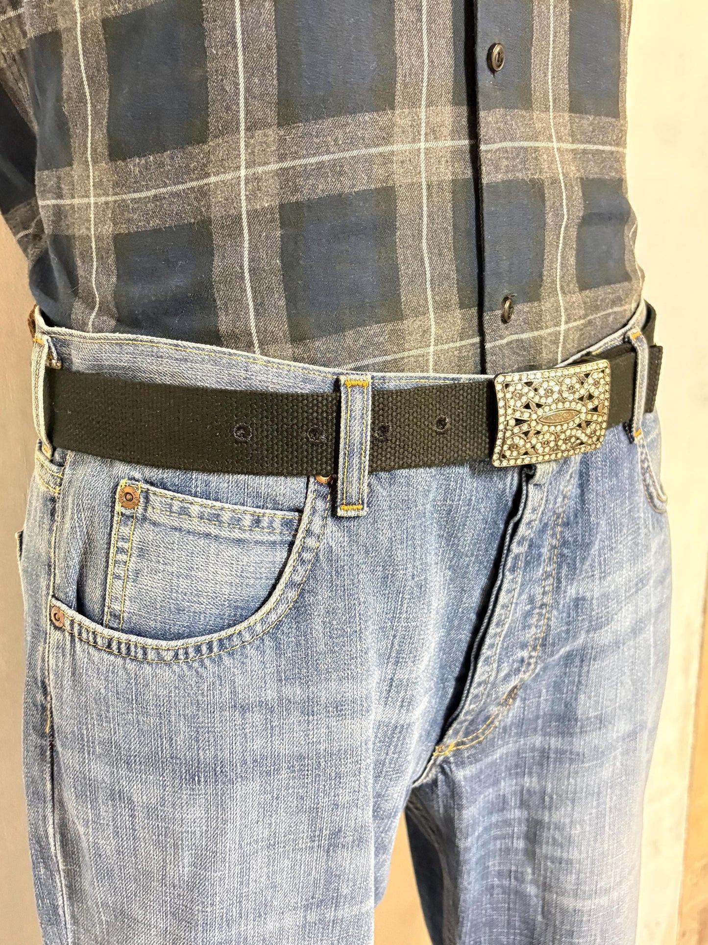Y2K vintage canvas black army style belt with gunmetal grey buckle with ornate diamante pattern. 2000s ice bling. Rhinestone. Unused NOS