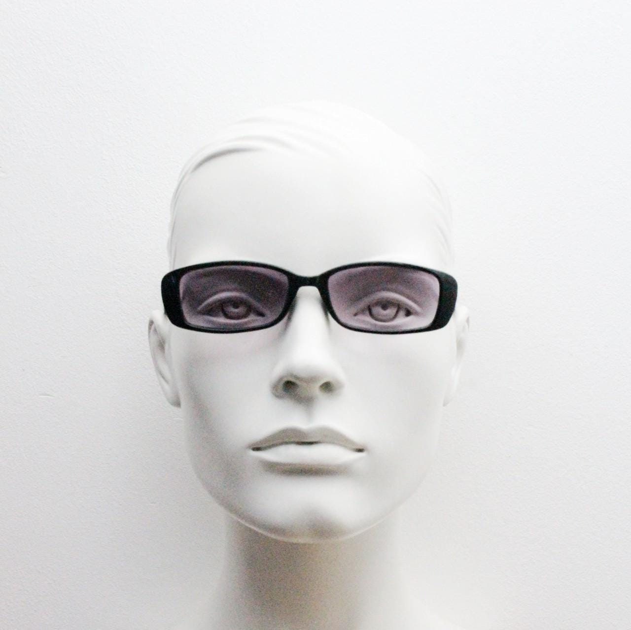 90s vintage rectangular sunglasses. Slim low profile black gloss frame with light tone  purple lenses. Y2K 2000s. BNWT Unused NOS