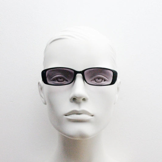 90s vintage rectangular sunglasses. Slim low profile black gloss frame with light tone  purple lenses. Y2K 2000s. BNWT Unused NOS