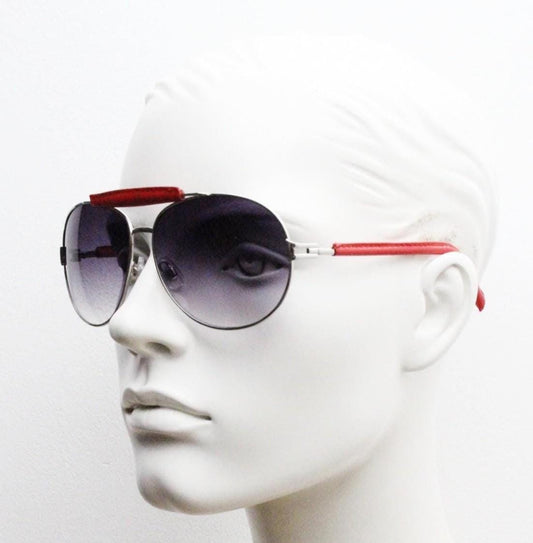 Y2K vintage aviator sunglasses. 2000's silver metal frame with exaggerated bridge in red trim. 70s racing design. 00's NOS aviators