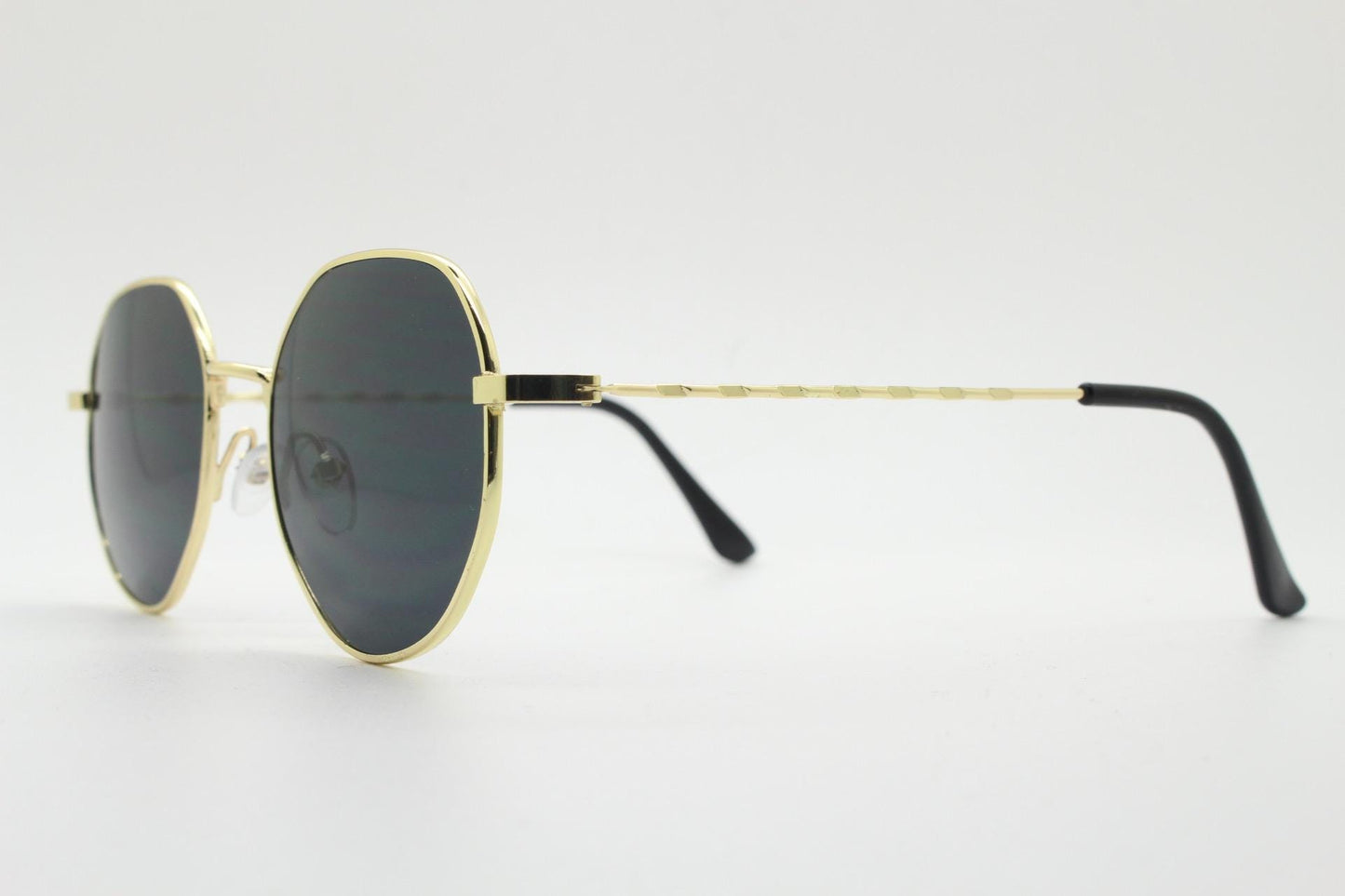 90s vintage modified aviator sunglasses, 6 sided soft angled metal frame in gold chrome with indented patterned arms. Unused NOS
